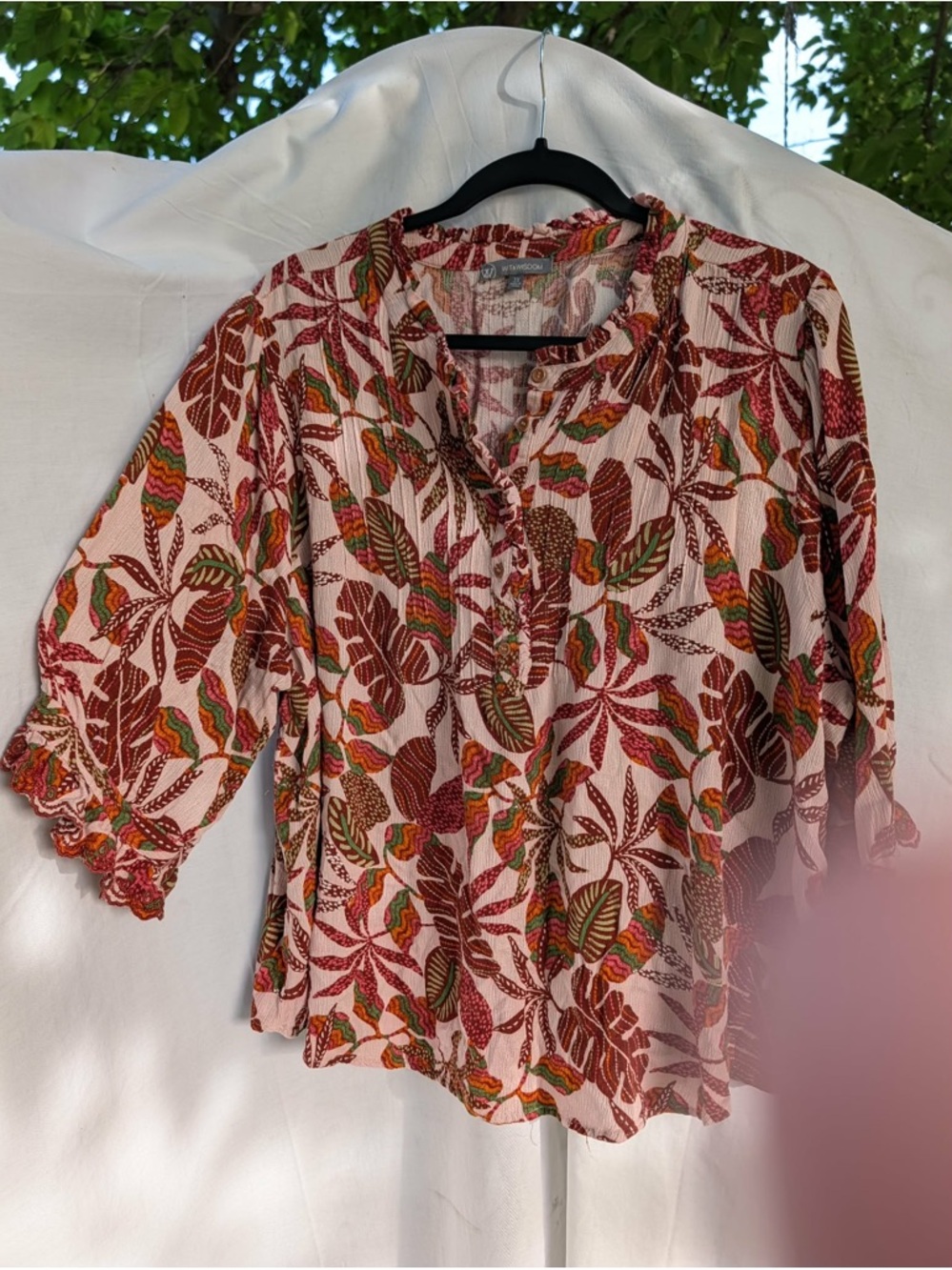 Wit & Wisdom Pink Leaf-Print Peasant Blouse